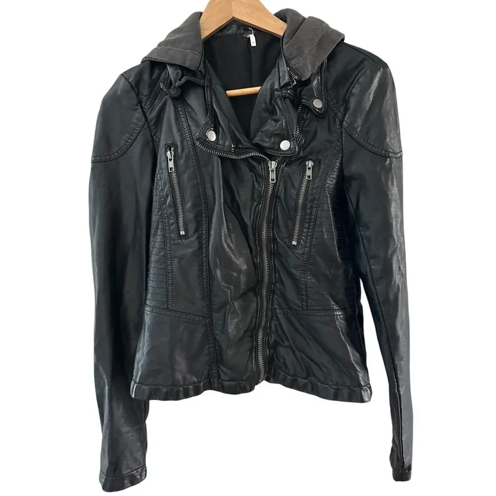 Free People Cleo Vegan Leather Moto Hooded Jacket‎ Black Size 8